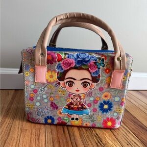 Frida Kahlo Cube Floral Hand/Shoulder Bag FAUX Leather Straps 10Lx7Wx8H